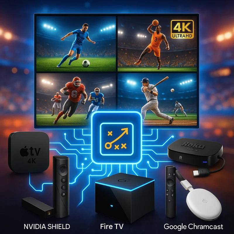 A collection of streaming devices like Roku, Apple TV, and Fire Stick.