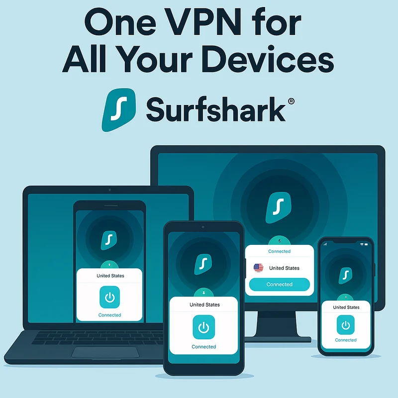 The Surfshark logo surrounded by icons of multiple devices like a laptop, phone, and TV.